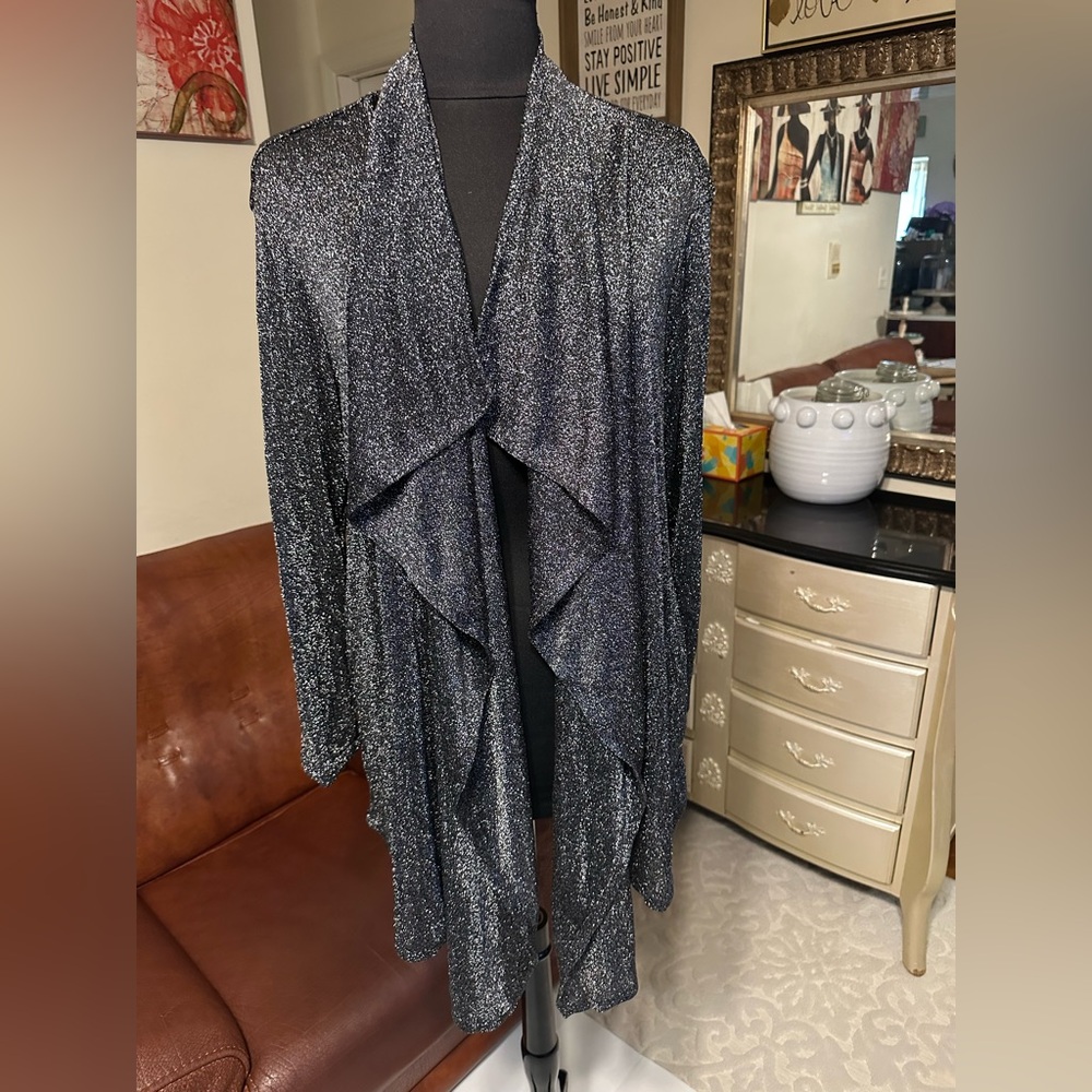 JS COLLECTION WOMEN METALLIC BLACK AND SILVER CARDIGAN STRETCH